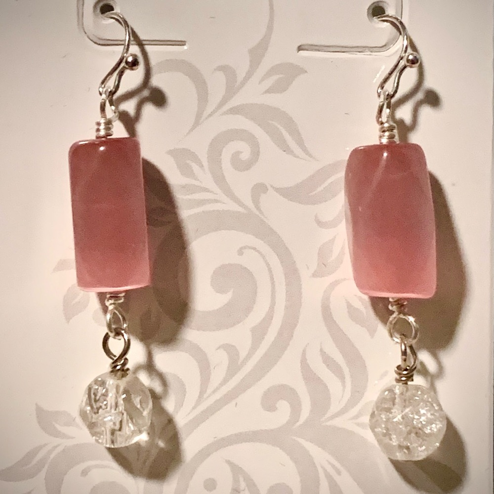 DragonsFancy Rose quartz and crystal bead silver hook earrings. Handmade